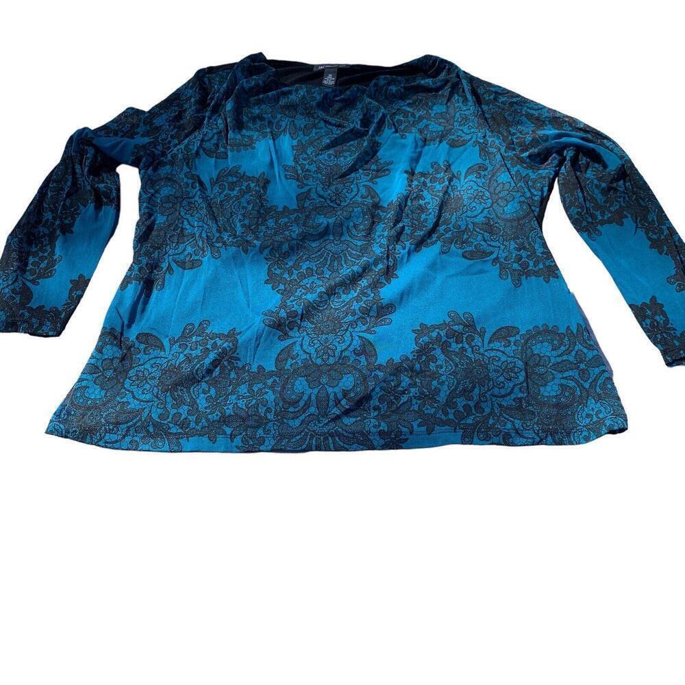 INC International Concepts Womens 3X Shirt Contrast Top Blue Floral Long Sleeve‍